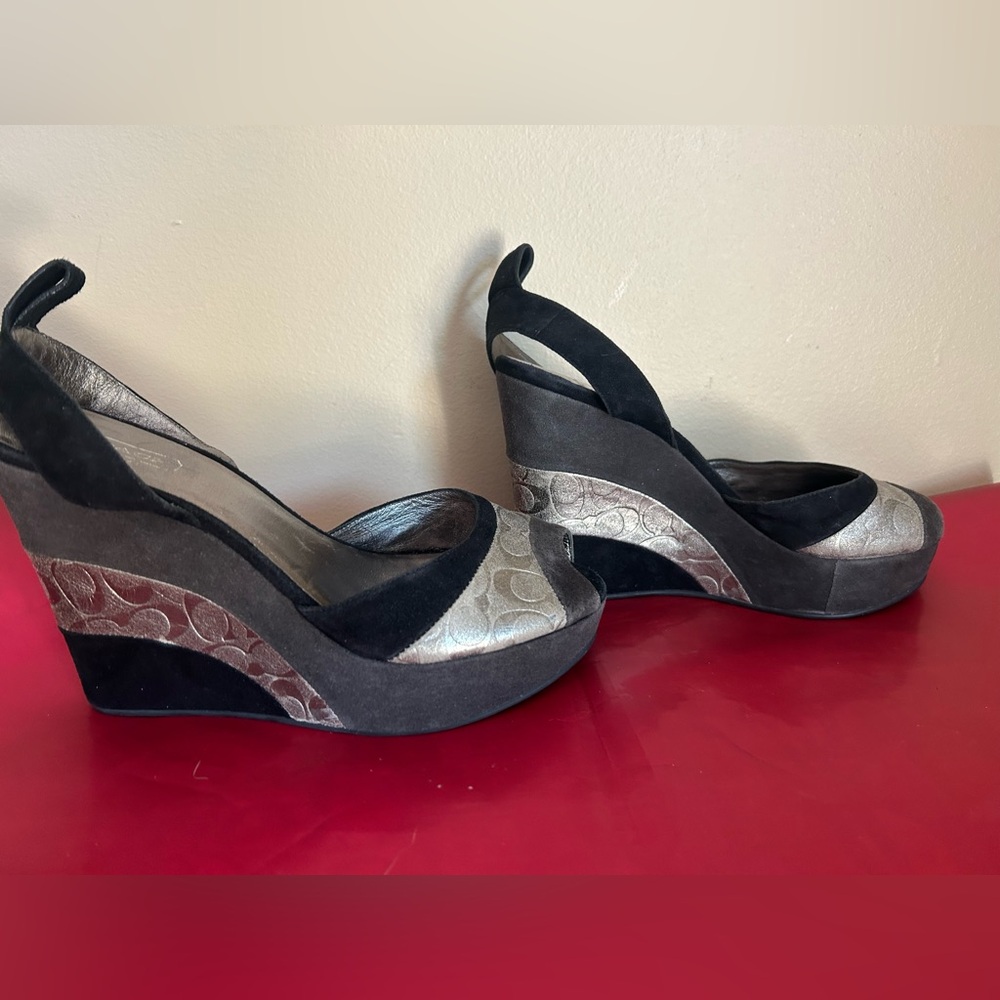 Coach Black and Silver Suede Wedge Sandals - Picture 4 of 13